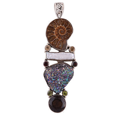 Gorgeous Mix match of multiple Gemstone Garnet,Peridot,Citrine,Smoky Topaz,Ammonite,Druzy,Shell Irregular Shape 925 Sterling Solid Silver Pendant - R8400032-15
