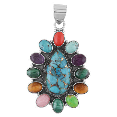 Alluring Design Pattern Loaded with multiple Gemstones Pear,Oval Shape 925 Sterling Solid Silver Pendant - R8400032-18