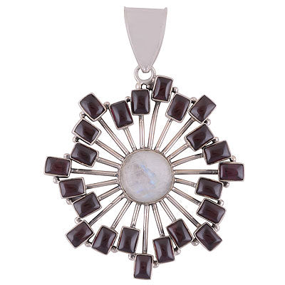 Stunning Abstract design loaded with Gemstones Around Garnet,Rainbow Moonstone Irregular Shape 925 Sterling Solid Silver Pendant - R8400032-4