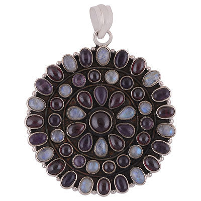 Alluring Design Pattern Loaded with multiple Gemstones Amethyst,Garnet,Rainbow Moonstone Irregular Shape 925 Sterling Solid Silver Pendant - R8400032-5