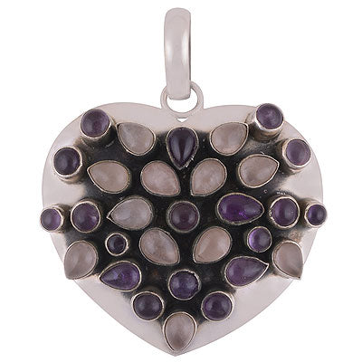 Beautiful Heart Loaded with multiple Gemstones Amethyst,Garnet,Rose Quartz Irregular Shape 925 Sterling Solid Silver Pendant - R8400032-6
