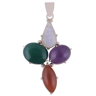 Stunning Prong Seated Gemstone Amethyst,Rainbow Moonstone,Carnelian,Green Onyx Irregular Shape 925 Sterling Solid Silver Pendant - R8400033-10