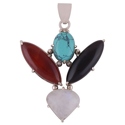 Beautifully Prong Seated Gemstone Turquoise,Rainbow Moonstone,Carnelian,Black Onyx Irregular Shape 925 Sterling Solid Silver Pendant - R8400033-11