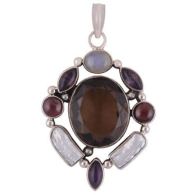 Beautiful Abstract design loaded with Gemstones Around Amethyst,Garnet,Rainbow Moonstone,Smoky Topaz,Shell Irregular Shape 925 Sterling Solid Silver Pendant - R8400033-16