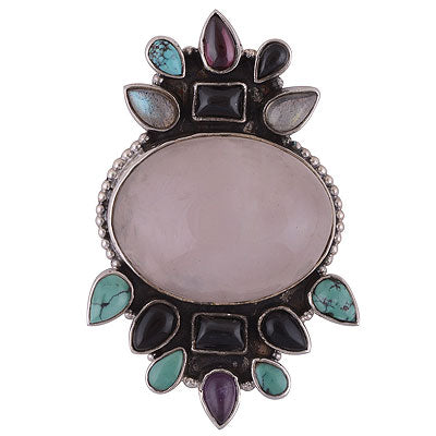 Gorgeous design loaded with Gemstones Around Amethyst,Rainbow Moonstone,Turquoise,Labradorite,Rose Quartz,Black Onyx Irregular Shape 925 Sterling Solid Silver Pendant - R8400033-18