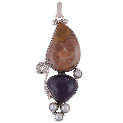 Minimal Coil work design loaded with Gemstones Amethyst,Leopard Skin Jasper Irregular Shape 925 Sterling Solid Silver Pendant - R8400033-21