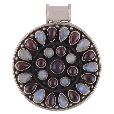 Beautifully Designed Loaded with Multiple Gemstone Around Amethyst,Garnet,Rainbow Moonstone Irregular Shape 925 Sterling Solid Silver Pendant - R8400033-3