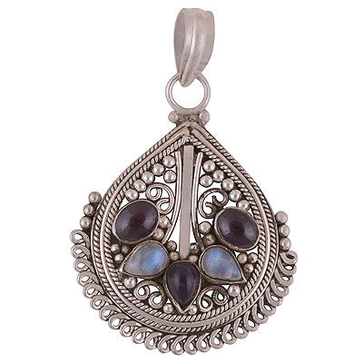 Alluring Handcrafted work Around Amethyst,Garnet,Rainbow Moonstone Irregular Shape 925 Sterling Solid Silver Pendant - R8400033-4