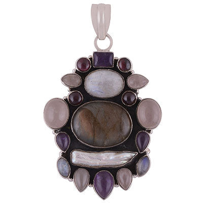 Beautiful Design Loaded with Gemstone Amethyst,Garnet,Rainbow Moonstone,Labradorite,Rose Quartz,Shell Irregular Shape 925 Sterling Solid Silver Pendant - R8400033-6