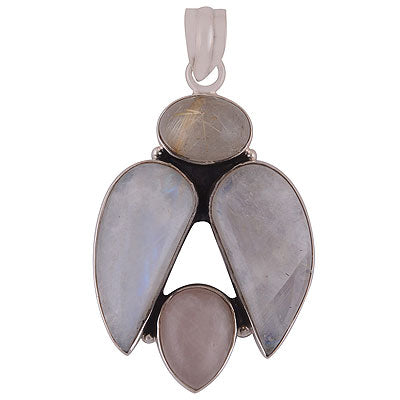 Beautiful Cluster of Gemstone Rainbow Moonstone,Golden Rutile,Rose Quartz Irregular Shape 925 Sterling Solid Silver Pendant - R8400033-8