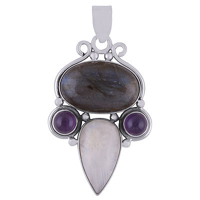 Beautiful Rawa & Wire Work Around Amethyst,Rainbow Moonstone,Labradorite Multi Shapes 925 Sterling Solid Silver Pendant - R8400035-15