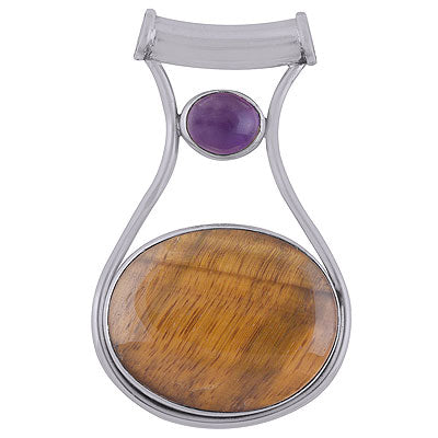 Beautiful Two Gemstone Amethyst,Tiger's Eye Oval Shape 925 Sterling Solid Silver Pendant - R8400035-21