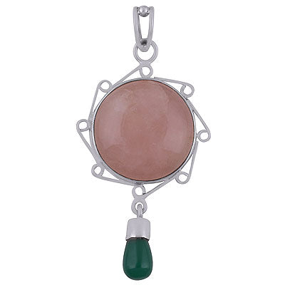 Alluring Wire Work & hanging Gemstone Around Rose Quartz,Green Onyx Round,Drop Shape 925 Sterling Solid Silver Pendant - R8400035-24