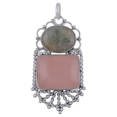 Gorgeous Rawa & Wire Work Around Rose Quartz, Aventurine Oval,Rectangle Shape 925 Sterling Solid Silver Pendant - R8400036-19