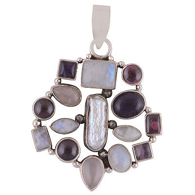 Stunning Handcrafted Loaded with Multiple Gemstones Amethyst,Garnet,Rainbow Moonstone,Rose Quartz,Shell Multi Shapes 925 Sterling Solid Silver Pendant - R8400037-10