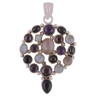 Alluring Handcrafted Loaded with Multiple Gemstones Amethyst,Garnet,Rainbow Moonstone,Rose Quartz,Black Onyx Multi Shapes 925 Sterling Solid Silver Pendant - R8400037-15