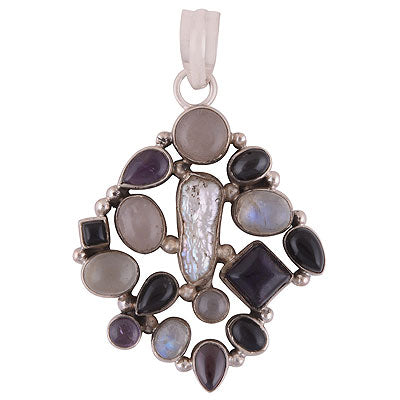 Alluring Designed Loaded With Gemstone Amethyst,Garnet,Rainbow Moonstone,Rose Quartz,Crystal,Black Onyx,Shell Multi Shapes 925 Sterling Solid Silver Pendant - R8400037-18