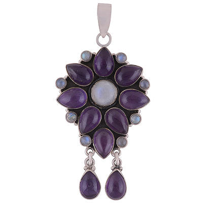 Gorgeous Handcrafted Loaded with Multiple Gemstones Amethyst,Rainbow Moonstone Round,Pear Shape 925 Sterling Solid Silver Pendant - R8400037-7