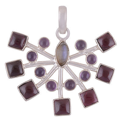 Beautiful Handcrafted Loaded with Multiple Gemstones Amethyst,Garnet,Rainbow Moonstone Multi Shapes 925 Sterling Solid Silver Pendant - R8400037-8