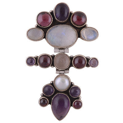 Alluring Handcrafted Loaded with Multiple Gemstones Amethyst,Garnet,Rainbow Moonstone,Rose Quartz,Pearl Multi Shapes 925 Sterling Solid Silver Pendant - R8400037-9
