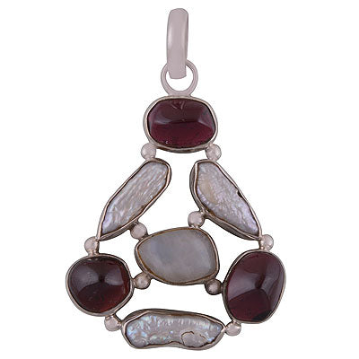 Beautifully Connected Gemstones by Rawa Work Garnet,Rainbow Moonstone,Shell Multi Shapes 925 Sterling Solid Silver Pendant - R8400039-11