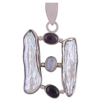 Gorgeous Connected Gemstones by Rawa Work Amethyst,Rainbow Moonstone,Black Onyx,Shell Multi Shapes 925 Sterling Solid Silver Pendant - R8400039-12