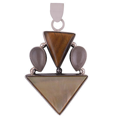 Gorgeous Connected Gemstones by Rawa Work Rose Quartz,Tiger's Eye,Mother of Pearl Pear,Triangle Shape 925 Sterling Solid Silver Pendant - R8400039-17