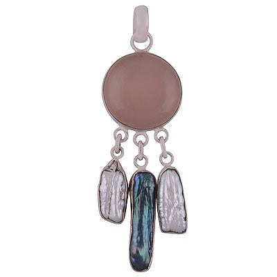 Dazzling Connected Gemstones by Rawa Work Rose Quartz,Shell Multi Shapes 925 Sterling Solid Silver Pendant - R8400039-20