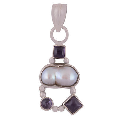 Stunning Connected Gemstones by Rawa Work Amethyst,Shell Multi Shapes 925 Sterling Solid Silver Pendant - R8400039-3