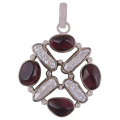 Alluring Connected Gemstones by Rawa Work Garnet,Shell Multi Shapes 925 Sterling Solid Silver Pendant - R8400039-4