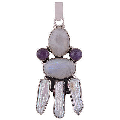 Beautifully Connected Gemstones by Rawa Work Amethyst,Rainbow Moonstone,Shell Multi Shapes 925 Sterling Solid Silver Pendant - R8400039-6