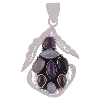 Gorgeous Seated Pattern of Multiple Gemstone Amethyst,Garnet,Rainbow Moonstone,Rose Quartz,Black Onyx Multi Shapes 925 Sterling Solid Silver Pendant - R8400040-14
