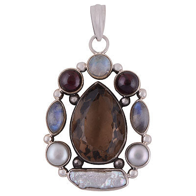 Magnificent Handmade in Multicoloured Gemstone Garnet,Rainbow Moonstone,Smoky Topaz,Pearl,Shell Multi Shapes 925 Sterling Solid Silver Pendant - R8400041-11