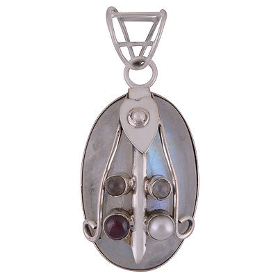 Alluring Handmade Design in Multicoloured Gemstone Garnet,Rainbow Moonstone,Rose Quartz,Pearl Round,Oval Shape 925 Sterling Solid Silver Pendant - R8400041-19