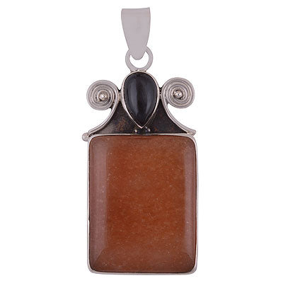 Alluring Handmade Design in Multicoloured Gemstone Orange Aventurine,Black Onyx Pear,Rectangle Shape 925 Sterling Solid Silver Pendant - R8400041-25