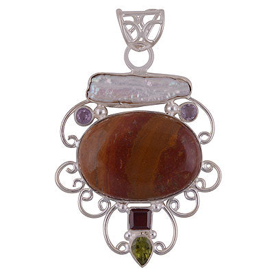 Magnificent Handmade in Multicoloured Gemstone Amethyst,Garnet,Peridot,Mookaite,Shell Multi Shapes 925 Sterling Solid Silver Pendant - R8400041-26