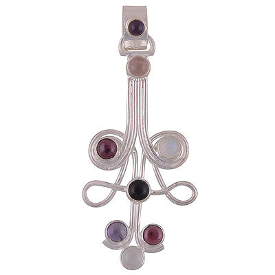 Beautifully Handcrafted Using Gemstones Amethyst,Garnet,Rainbow Moonstone,Rose Quartz,Black Onyx Round Shape 925 Sterling Solid Silver Pendant - R8400042-10