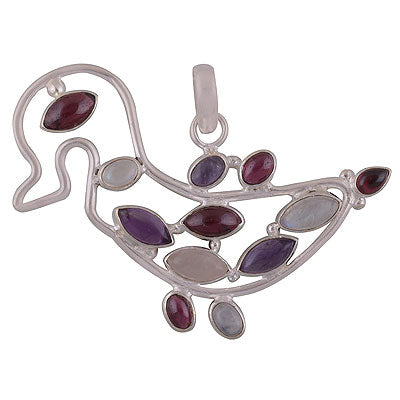 Stunning Duck Shaped Loaded with Gemstones Amethyst,Garnet,Rainbow Moonstone,Rose Quartz Multi Shapes 925 Sterling Solid Silver Pendant - R8400042-14