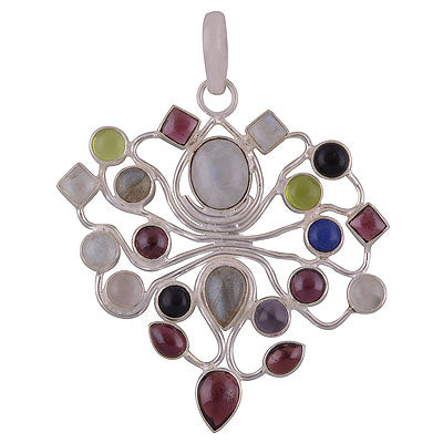 Beautiful Gemstone Pattern Around Amethyst,Garnet,Peridot,Rainbow Moonstone,Labradorite,Lapis,Rose Quartz,Black Onyx Multi Shapes 925 Sterling Solid Silver Pendant - R8400042-15