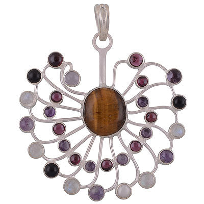 Stunning Pattern Loaded with Multicoloured Gemstones Amethyst,Garnet,Rainbow Moonstone,Tiger's Eye,Pearl,Black Onyx Round,Oval Shape 925 Sterling Solid Silver Pendant - R8400042-17