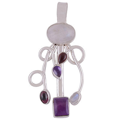 Beautiful Multicoloured Gemstones Around Amethyst,Garnet,Rainbow Moonstone Multi Shapes 925 Sterling Solid Silver Pendant - R8400042-24