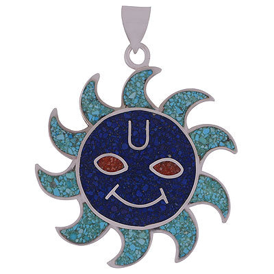 Beautiful Inlay In Sun Turquoise,Lapis,Coral Irregular Shape 925 Sterling Solid Silver Pendant - R8400043-13