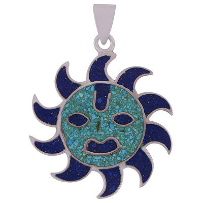 Alluring Inlay in Sun design Turquoise,Lapis Irregular Shape 925 Sterling Solid Silver Pendant - R8400043-14