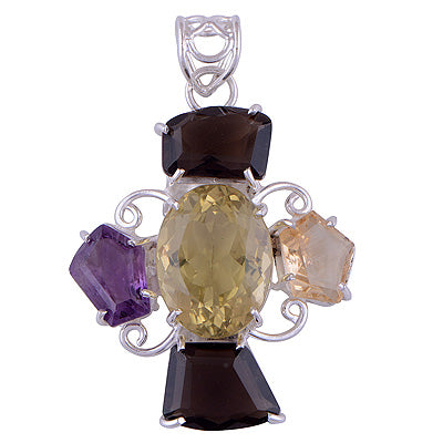 Beautiful Five Stone Designed Amethyst,Lemon Topaz,Citrine,Smoky Topaz Irregular Shape 925 Sterling Solid Silver Pendant - R8400051-1