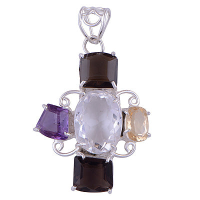 Unique Four Stone Cluster Amethyst,Crystal,Citrine,Smoky Topaz Round,Oval Shape 925 Sterling Solid Silver Pendant - R8400051-2