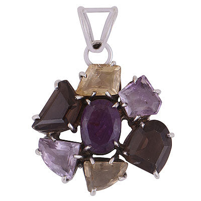 Stunning Multicoloured Gemstones Around Amethyst,Lemon Topaz,Citrine,Smoky Topaz Irregular Shape 925 Sterling Solid Silver Pendant - R8400051-20