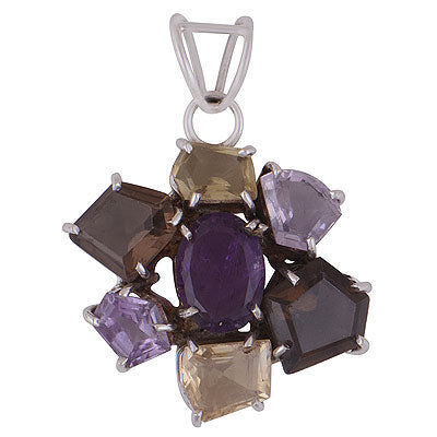 Gorgeous Multicoloured Gemstones Around Amethyst,Lemon Topaz,Citrine,Smoky Topaz Irregular Shape 925 Sterling Solid Silver Pendant - R8400051-21