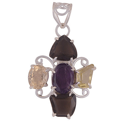 Beautiful Five Stone Designed Amethyst,Citrine,Lemon Topaz,Smoky Topaz Irregular Shape 925 Sterling Solid Silver Pendant - R8400051-3