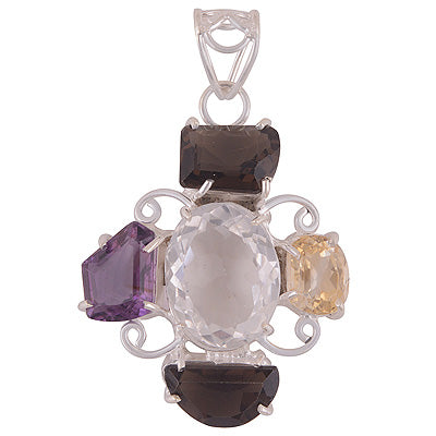 Stunning Five Stone Designed Crystal,Amethyst,Citrine,Smoky Topaz Irregular Shape 925 Sterling Solid Silver Pendant - R8400051-5