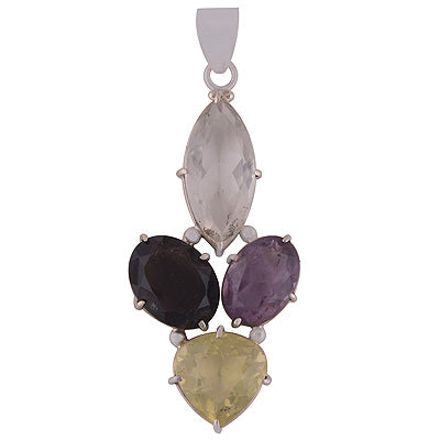 Stunning Four Stone Designed Crystal,Amethyst,Lemon Topaz,Smoky Topaz, Irregular Shape 925 Sterling Solid Silver Pendant - R8400051-6